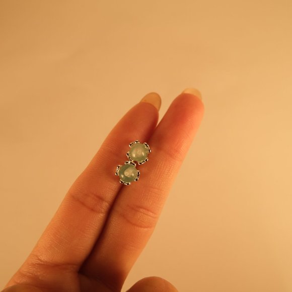 Minimalist Opal Stud Earrings in Sterling Silver Simulated  Blue Opal Tiny Circl - Picture 1 of 2